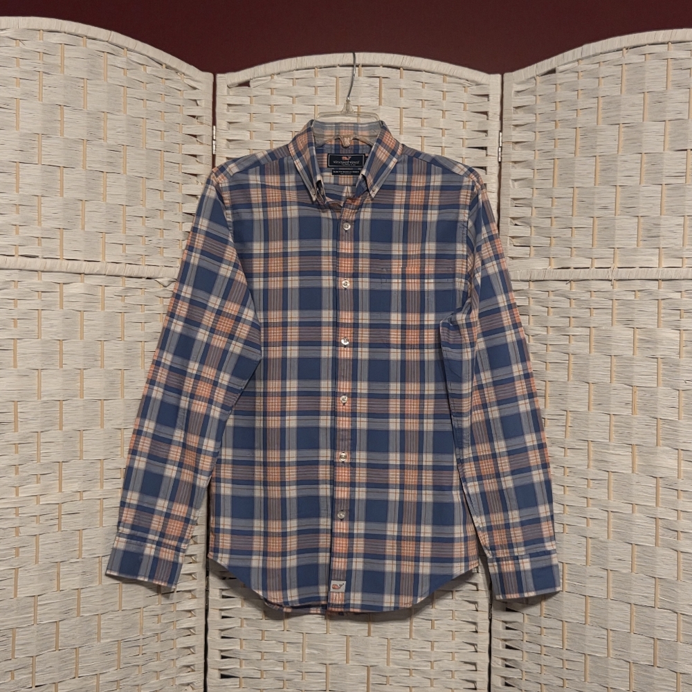 Men's Blue and Light Orange Plaid Shirt XS SLIM FIT By VINEYARD VINES